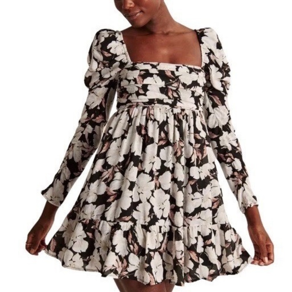 Abercrombie & Fitch Floral Square Neck Ruched Mini Dress Black White Small‎ Tall